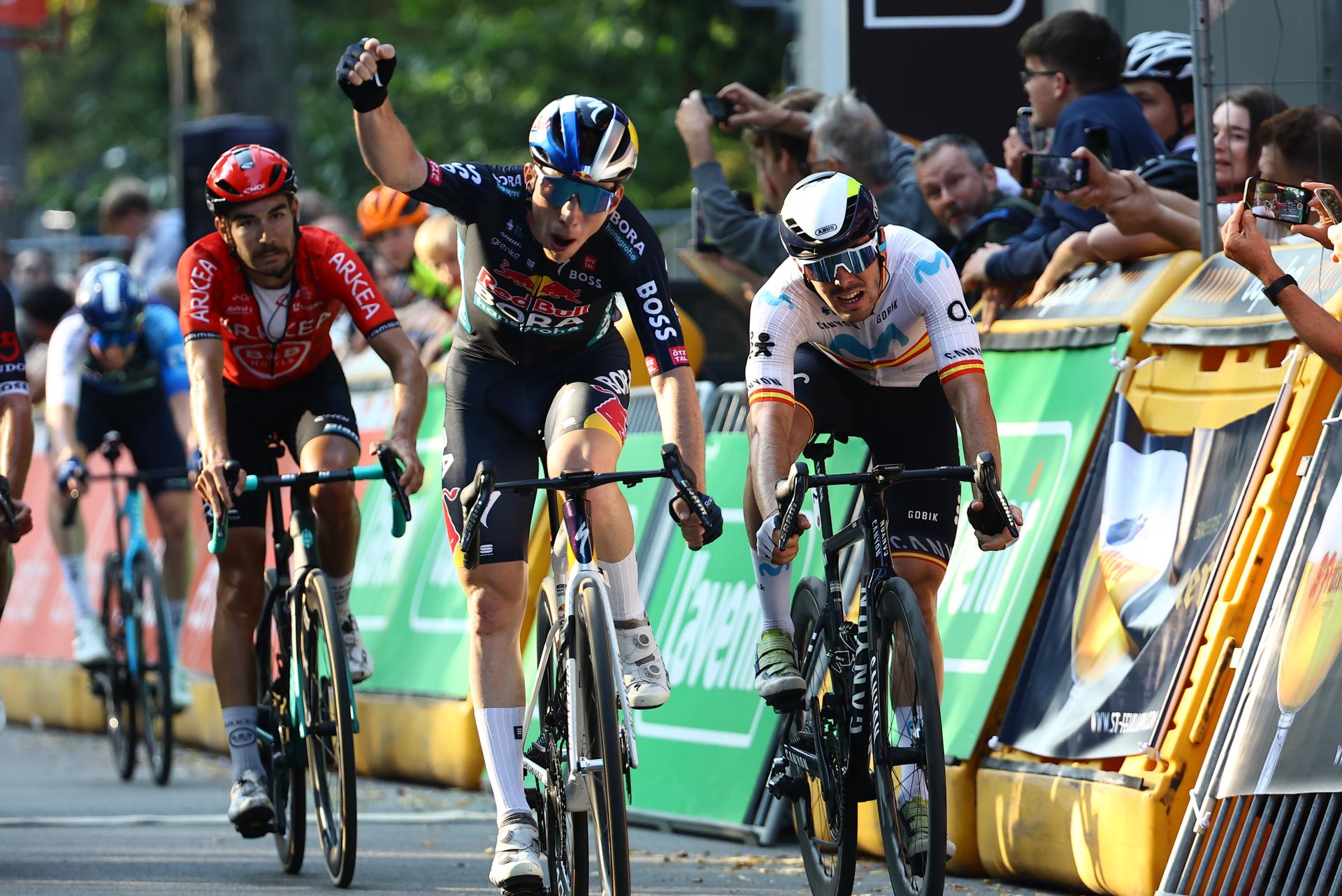 Spanish Roger Adria of Red Bull-Bora-Hansgrohe celebrates as he crosses the finish line to win the one day cycling race Grand Prix de Wallonie 2024 (202,3 km), from Blegny to the Citadelle de Namur, in Namur, on Wednesday 18 September 2024.  BELGA PHOTO DAVID PINTENS