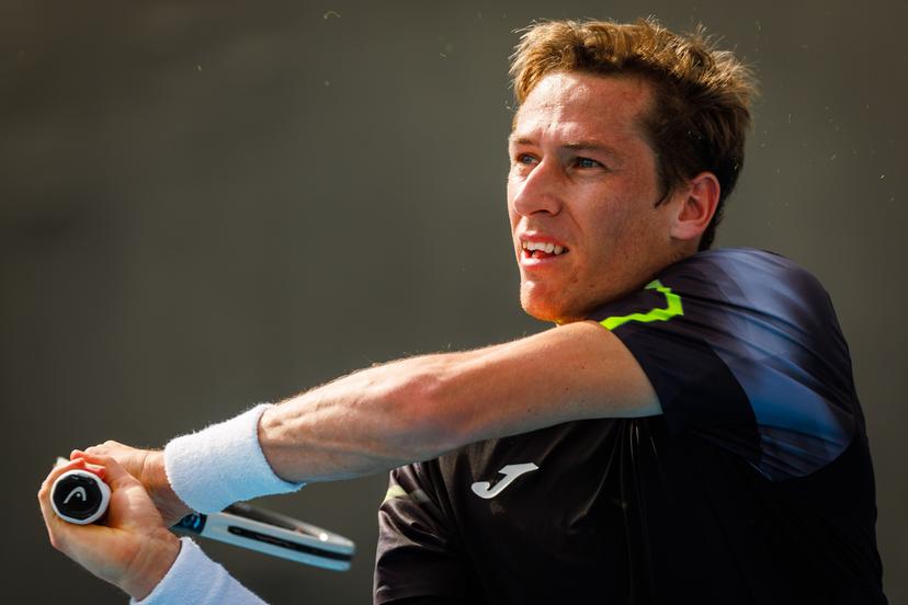 Belgian Kimmer Coppejans pictured in action during a tennis match against Monegasque Vacherot, in the third round of the qualifiers for the men's singles tournament, at the 'Australian Open' Grand Slam tennis tournament, Thursday 09 January 2025 in Melbourne Park, Melbourne, Australia. The 2024 edition of the Australian Grand Slam takes place from January 14th to January 28th. BELGA PHOTO PATRICK HAMILTON