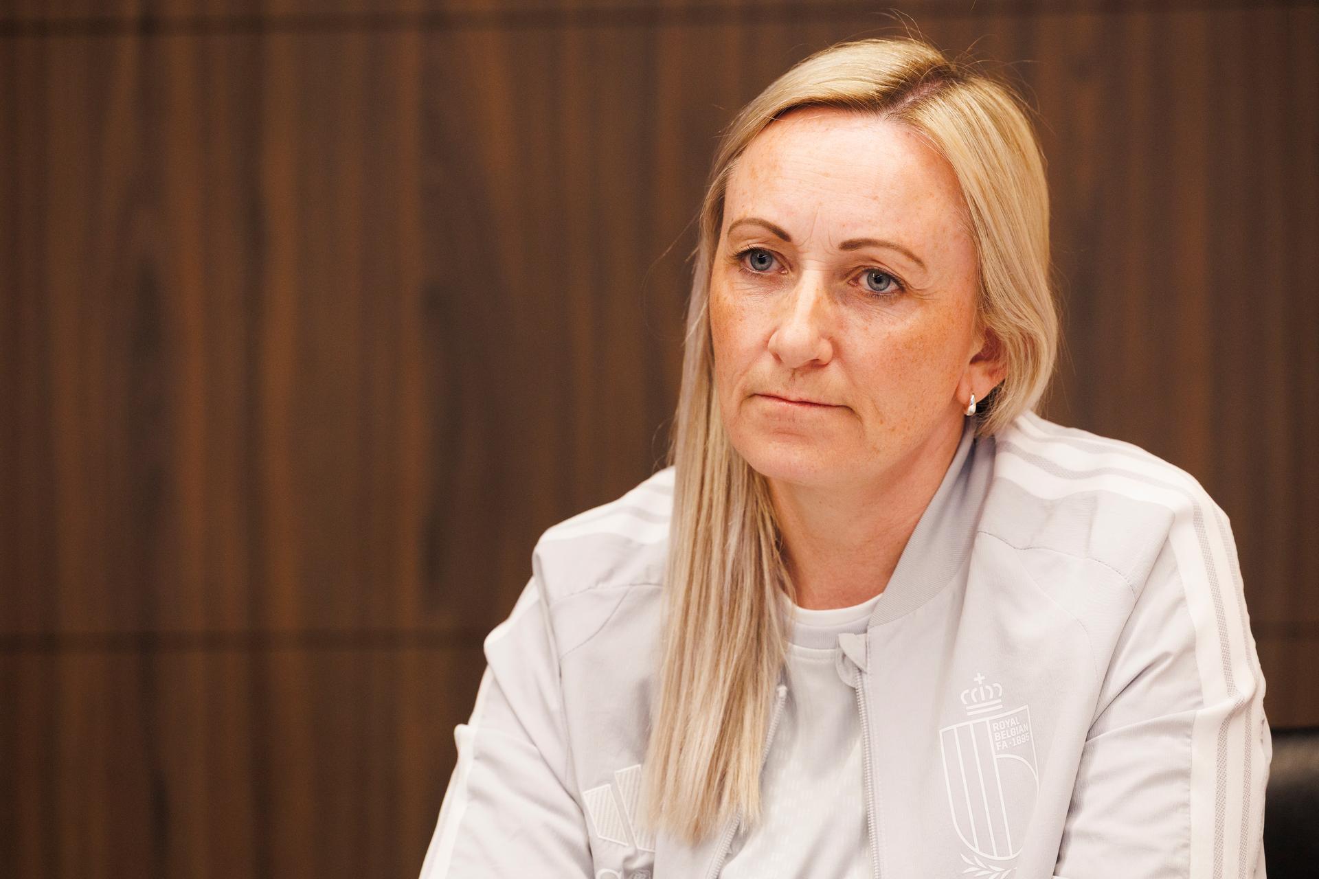 Belgium's head coach Elisabet Gunnarsdottir pictured during a press conference of Belgium's national women's soccer team the Red Flames, on Friday 10 April 2026 in Tubize. The team is preparing for a game against Scotland next week, in the qualifiers for the 2027 FIFA Women's World Cup. BELGA PHOTO NICOLAS MAETERLINCK
