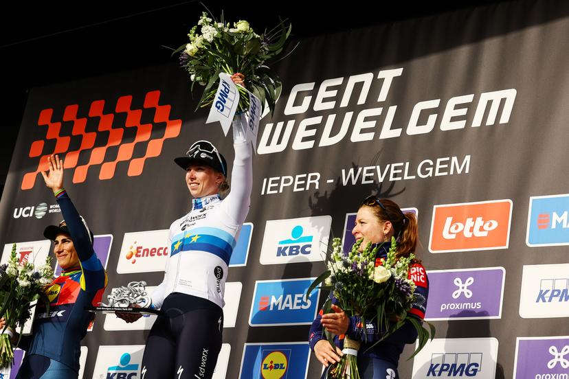 Dutch Lorena Wiebes of SD Worx-Protime celebrates on the podium after winning the women elite 'Gent-Wevelgem - In Flanders Fields' one day cycling race, 169.1 km from Ieper to Wevelgem, Sunday 30 March 2025. BELGA PHOTO DAVID PINTENS