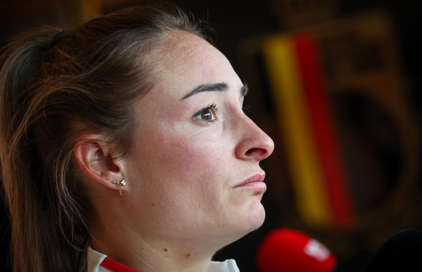 Belgium's Tessa Wullaert talks to the press after a press conference of Belgium's national women's team the Red Flames ahead of Nations League soccer games against Spain and Portugal, on Tuesday 18 February 2025 in Tubize. BELGA PHOTO VIRGINIE LEFOUR