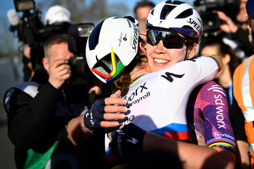 Belgian Lotte Kopecky of SD Worx-Protime and Dutch Anna van der Breggen of SD Worx-Protime celebrate after the women's race of the 'Ronde van Vlaanderen/ Tour des Flandres/ Tour of Flanders' one day cycling race, 168,8k with start and finish in Oudenaarde, Sunday 06 April 2025. BELGA PHOTO JASPER JACOBS