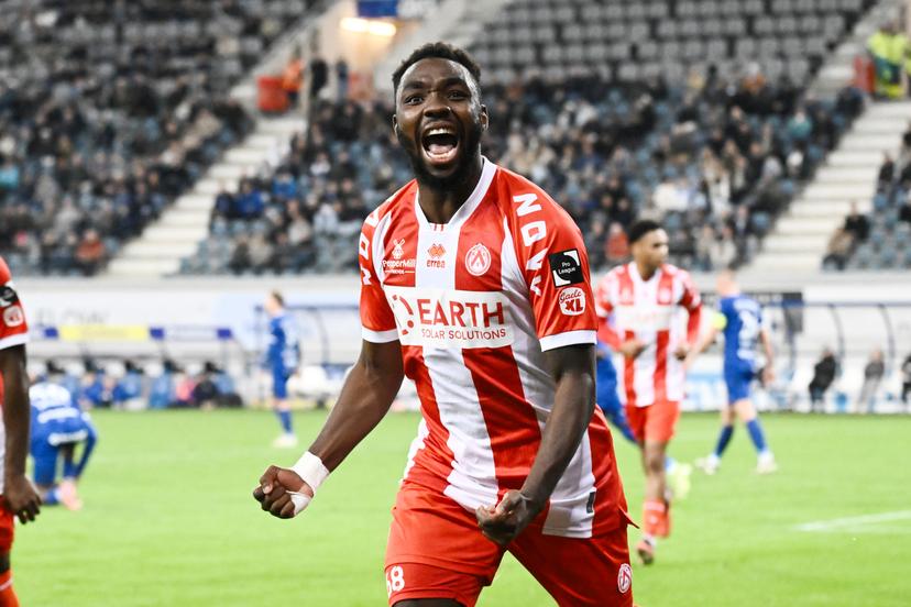 Kortrijk's Thierry Ambrose celebrates after scoring the 2-3 goal during a soccer game between Jong KAA Gent and KV Kortrijk, Saturday 18 October 2025 in Gent, on day 10 of the 2025-2026 'Challenger Pro League' 1B second division of the Belgian championship. BELGA PHOTO MAARTEN STRAETEMANS