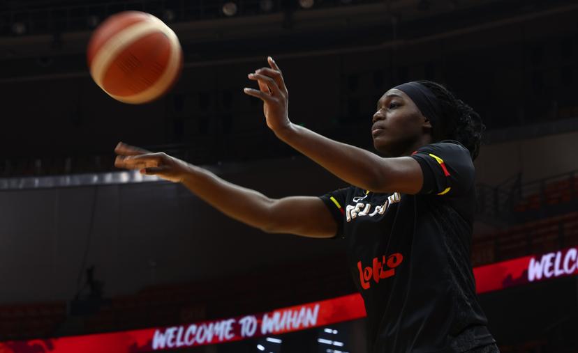 Belgium's Bethy Mununga pictured in action during the warming-up for a basket game between Belgium's national team Belgian Cats and South Sudan, in Wuhan, China, on Sunday 15 March 2026, the fourth game (out of 5) of the qualifications phase for the World Cup Basket tournament. BELGA PHOTO NIKOLA KRSTIC