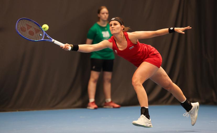Belgian Greet Minnen pictured in action during a tennis match between Belgian Minnen and Hungarian Bondar, in the meeting between Belgium and Hungary in the pool phase of the Europe/Africa Group I of the Billie Jean King Cup tennis, in Vilnius, Lithuania on Wednesday 09 April 2025. PHOTO VIRGINIE LEFOUR