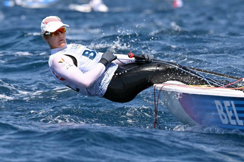 Belgium's Emma Plasschaert trains before race 7 of the women's ILCA 6 single-handed dinghy event during the Paris 2024 Olympic Games sailing competition at the Roucas-Blanc Marina in Marseille on August 4, 2024.   NICOLAS TUCAT / AFP