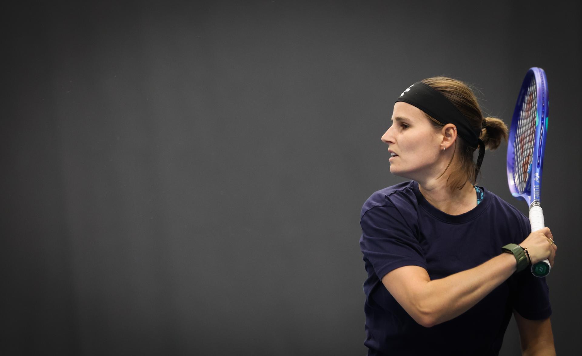 Belgian Greet Minnen pictured in action during a training session ahead of the meeting between Greece and Belgium, in the qualifiers of the Billie Jean King Cup tennis, in Vilnius, Lithuania on Monday 07 April 2025. PHOTO VIRGINIE LEFOUR