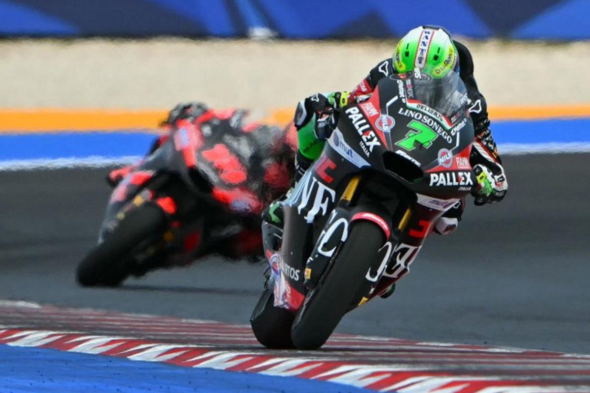 Fantic Racing Lino Sonego team's Belgian Moto2 rider Barry Baltus (R) competes during the Moto2 race as part of the San Marino Moto GP at the Misano World Circuit Marco Simoncelli, in Misano Adriatico, northern Italy, on September 14, 2025.  Andreas SOLARO / AFP