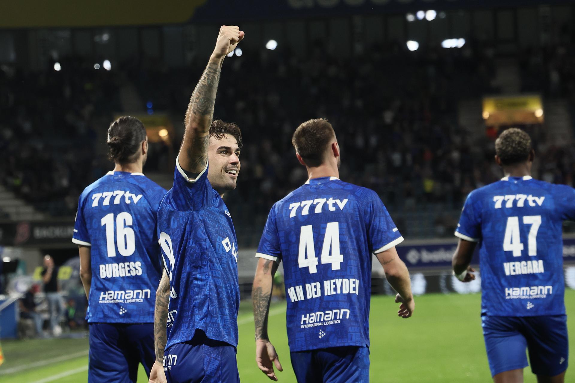 Gent's Tiago Araujo celebrates after scoring during a soccer match between KAA Gent and Oud-Heverlee Leuven, Thursday 3 September 2026 in Gent, on day 3 of the 2026-2027 'Jupiler Pro League' first division of the Belgian championship. The match was postponed so Gent could prepare for European play-offs. BELGA PHOTO BRUNO FAHY