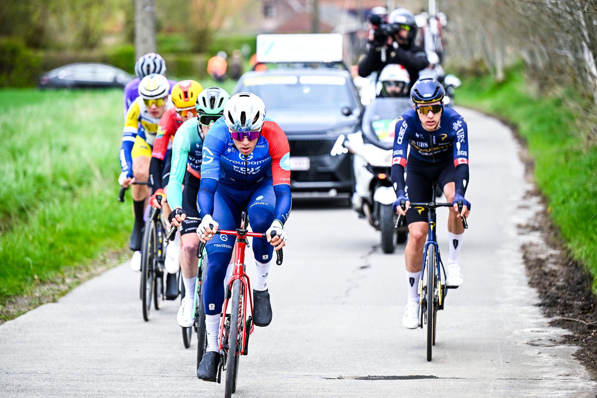 French Bastien Tronchon of Groupama&FDJ United pictured in action during the 'E3 Saxo Bank Classic' one day cycling race, 208,8km from and to Harelbeke, on Friday 27 March 2026. BELGA PHOTO JASPER JACOBS