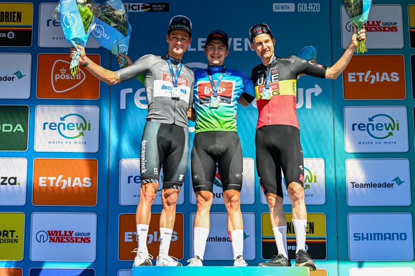 Dutch Mathieu van der Poel of Alpecin-Deceuninck, Belgian Arnaud De Lie of Lotto Cycling Team and Belgian Tim Wellens of UAE Team Emirates pictured on the podium after the fifth and last stage of the 'Renewi Tour' multi-stage cycling race, 185km from and to Leuven on Sunday 24 August 2025. The five-day race takes place in Belgium and the Netherlands. BELGA PHOTO DAVID PINTENS