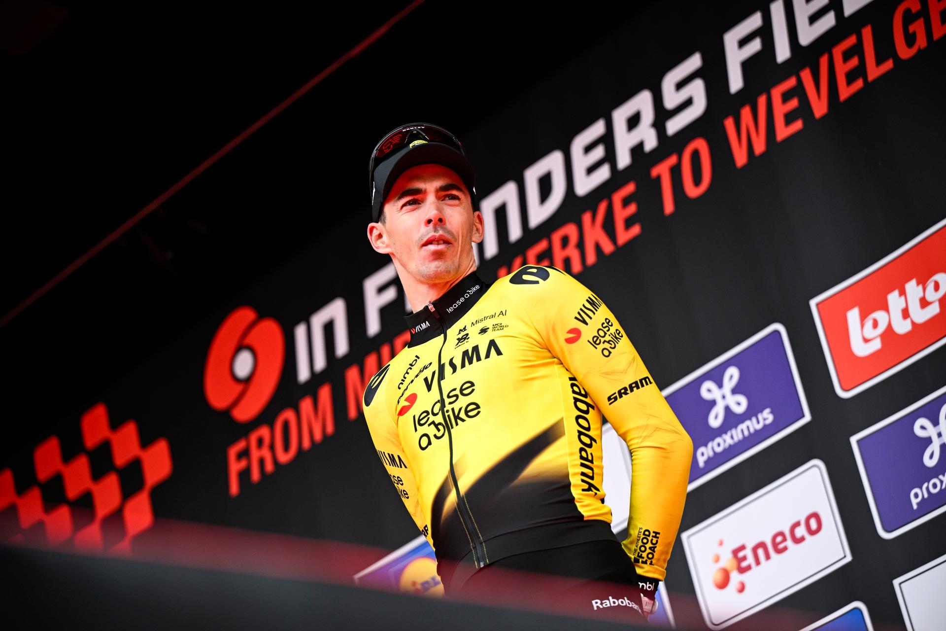 French Christophe Laporte of Team Visma-Lease a Bike pictured on the podium after the men elite 'Middelkerke-Wevelgem - In Flanders Fields' one day cycling race, 240.8 km from Middelkerke to Wevelgem, on Sunday 29 March 2026. BELGA PHOTO JASPER JACOBS