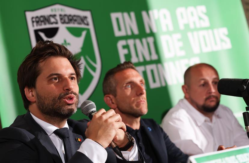Francs Borains chairman Georges-Louis Bouchez, Francs Borains CEO Pascal Scime and Francs Borains sportif director Laurent D'Affnay pictured during a press conference to present the new trainer and sportive director of Royal Francs Borains, Wednesday 28 May 2025 in Boussu. BELGA PHOTO VIRGINIE LEFOUR