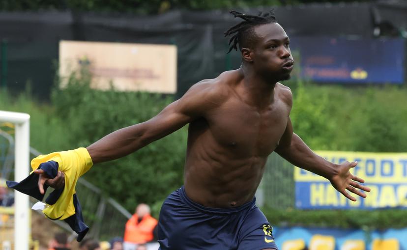 Union's Promise David celebrates after scoring during a soccer match between Union Saint-Gilloise and KAA Gent, Sunday 25 May 2025 in Brussels, on day 10 (out of 10) of the Champions' Play-offs of the 2024-2025 'Jupiler Pro League' first division of the Belgian championship. BELGA PHOTO VIRGINIE LEFOUR