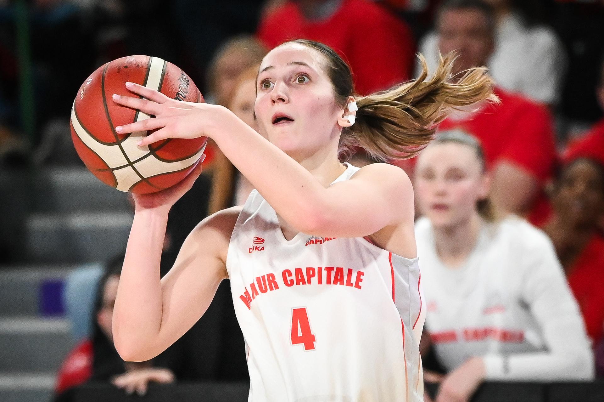 Namur's Emmeline Leblon pictured in action during a basketball match between Royal Castors Braine and Basket Namur Capitale, Sunday 22 March 2026 in Charleroi, the final of the women's Belgian 2026 Basketball Cup. BELGA PHOTO ELIAS ROM