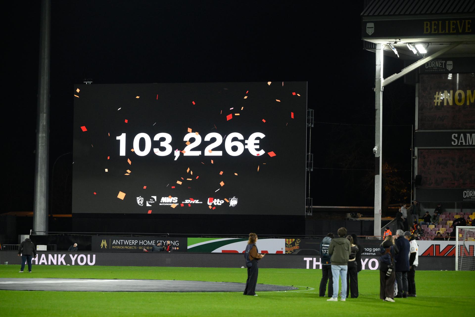 This image shows the amount of ¿103,226 that the Younited Pro League gathered during a soccer match between KV Mechelen and Standard de Liege, Friday 28 November 2025 in Mechelen, on day 16 of the 2025-2026 'Jupiler Pro League' first division of the Belgian championship. BELGA PHOTO JOHN THYS