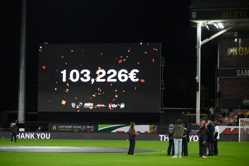 This image shows the amount of ¿103,226 that the Younited Pro League gathered during a soccer match between KV Mechelen and Standard de Liege, Friday 28 November 2025 in Mechelen, on day 16 of the 2025-2026 'Jupiler Pro League' first division of the Belgian championship. BELGA PHOTO JOHN THYS