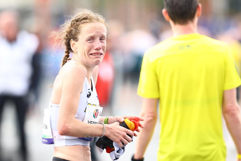 Belgian Hanne Verbruggen reacts after finishing 12th at the women marathon race at European Running Championships, from Leuven to Brussels, Sunday 13 April 2025.  BELGA PHOTO DAVID PINTENS
