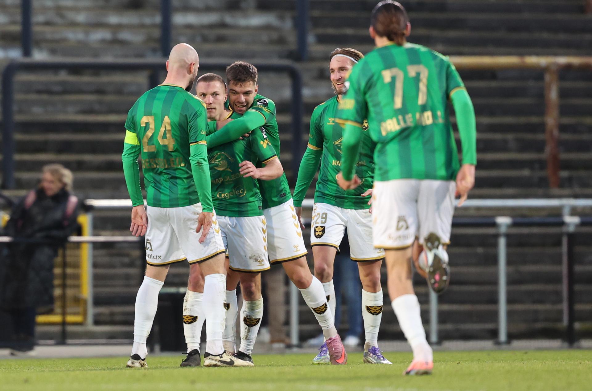 Francs Borains' Mathias Francotte celebrates after scoring during a soccer game between Royal Olympic Charleroi and Royal Francs Borains, Saturday 31 January 2026 in Charleroi, on day 23 of the 2025-2026 'Challenger Pro League' 1B second division of the Belgian championship. BELGA PHOTO VIRGINIE LEFOUR