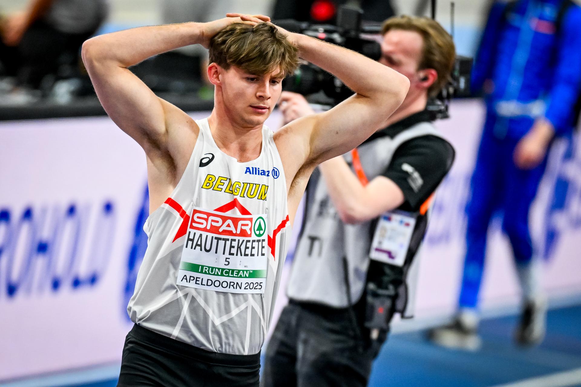 Belgian athlete Jente Hauttekeete reacts after the European Athletics Indoor Championships, in Apeldoorn, The Netherlands, Saturday 08 March 2025. The championships take place from 6 to 9 March. BELGA PHOTO ERIC LALMAND