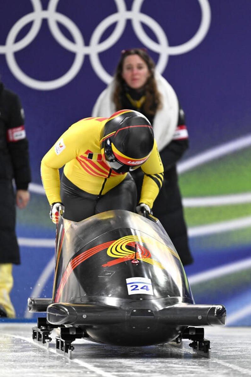 Kelly van Petegem of Belgium competes in Bobsleigh Women's Monobob Heat Two on day nine of the Milano Cortina 2026 Winter Olympic Games at Cortina Sliding Centre, Cortina d'Aprezzo, Italy, February 15, 2026. (Photo by Anthony Behar/Sipa USA) BENELUX ONLY