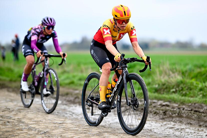 Norwegian Susanne Andersen of Uno-X Pro Cycling Team pictured in action during the third edition of the women elite race of the 'Paris-Roubaix' cycling event, 145,4 km from Denain to Roubaix, France on Saturday 08 April 2023. BELGA PHOTO JASPER JACOBS