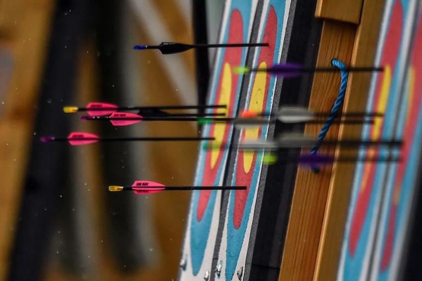 Picture of targets and arrows taken during the Women's Archery Compound Team final during the 2018 Central American and Caribbean Games (CAC), in Barranquilla, Colombia, on July 31, 2018.   Luis ROBAYO / AFP