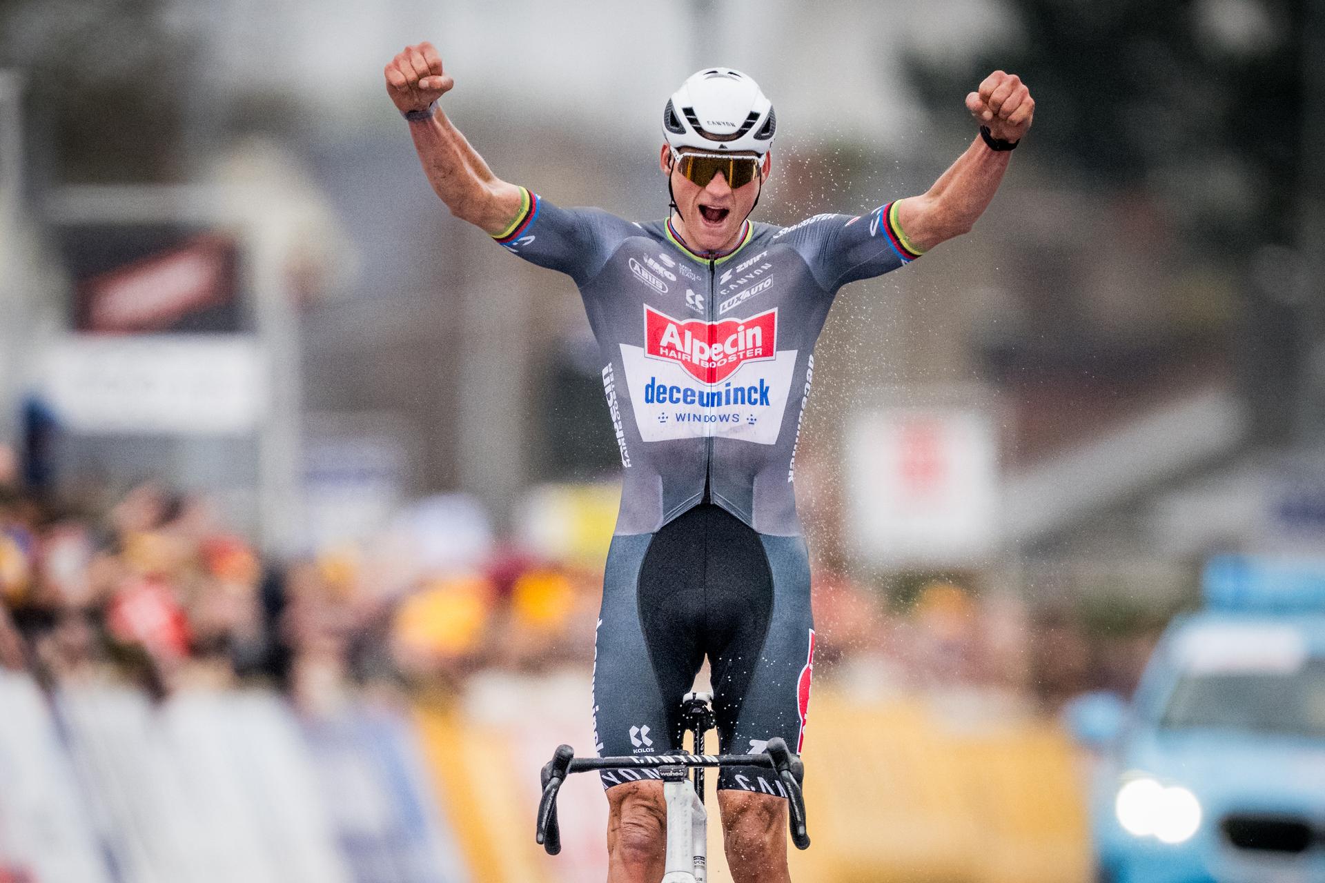 Dutch Mathieu van der Poel of Alpecin-Deceuninck celebrates as he crosses the finish line to win the 'E3 Saxo Bank Classic' one day cycling race, 208,8 km from and to Harelbeke, on Friday 28 March 2025. BELGA PHOTO JASPER JACOBS