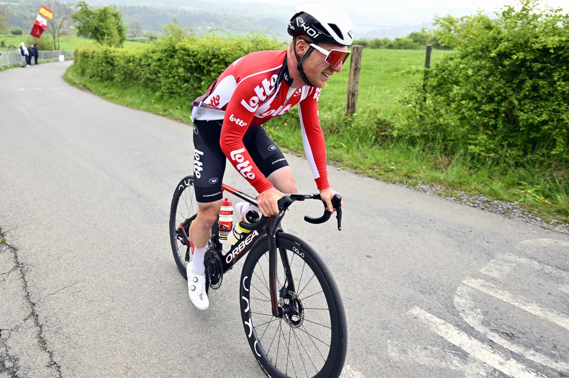 Belgian Milan Menten of Lotto Cycling Team pictured in action during a training and track reconnaissance session, on the 'Cote de la Redoute', in Remouchamps, Aywaille, ahead of the Liege-Bastogne-Liege one day cycling race, Friday 25 April 2025. BELGA PHOTO ERIC LALMAND