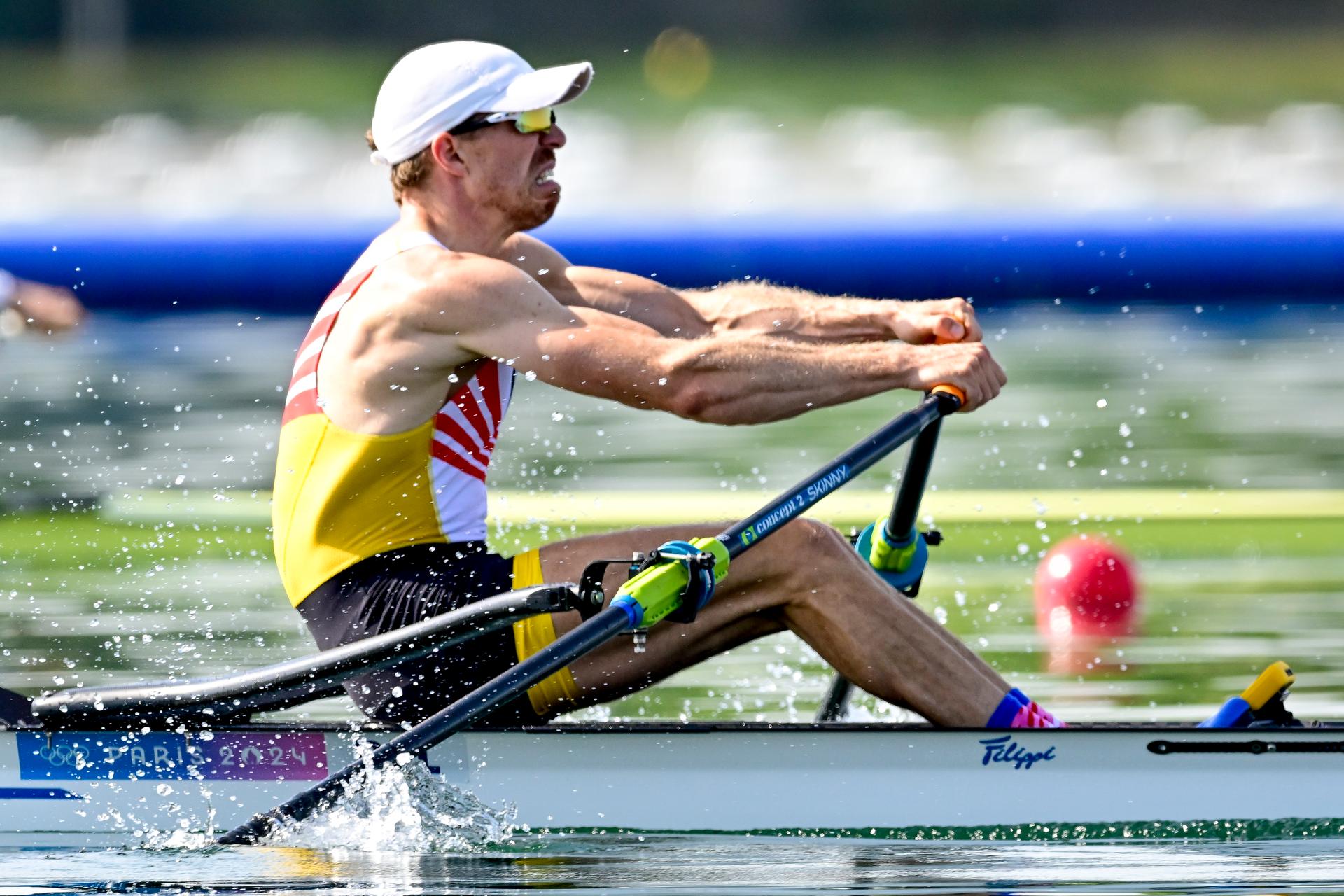 Belgian rower Tim Brys pictured in action during the quarterfinals of the men's single sculls rowing event at the Paris 2024 Olympic Games, on Tuesday 30 July 2024 in Paris, France. The Games of the XXXIII Olympiad are taking place in Paris from 26 July to 11 August. The Belgian delegation counts 165 athletes competing in 21 sports. BELGA PHOTO DIRK WAEM