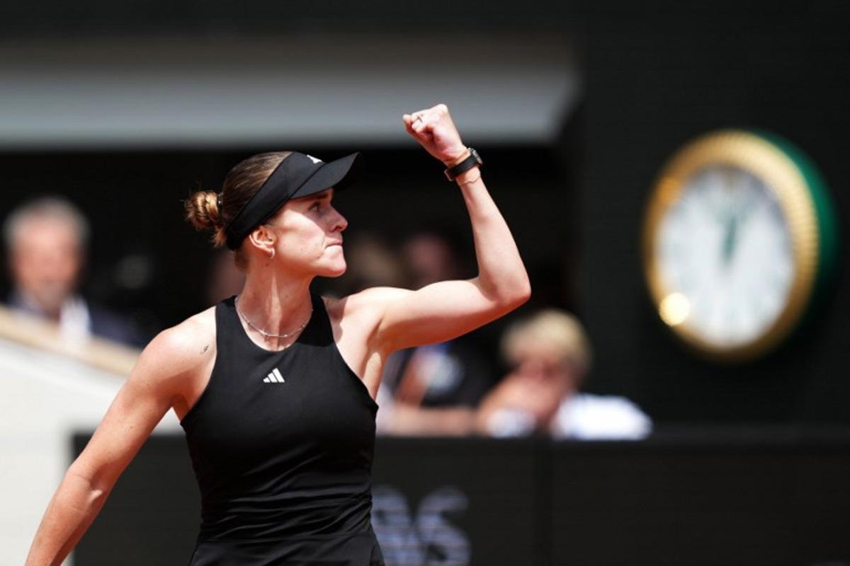 Ukraine's Elina Svitolina reacts after winning the second set during her women's singles match against Italy's Jasmine Paolini on day 8 of the French Open tennis tournament on Court Philippe-Chatrier at the Roland-Garros Complex in Paris on June 1, 2025.  Dimitar DILKOFF / AFP