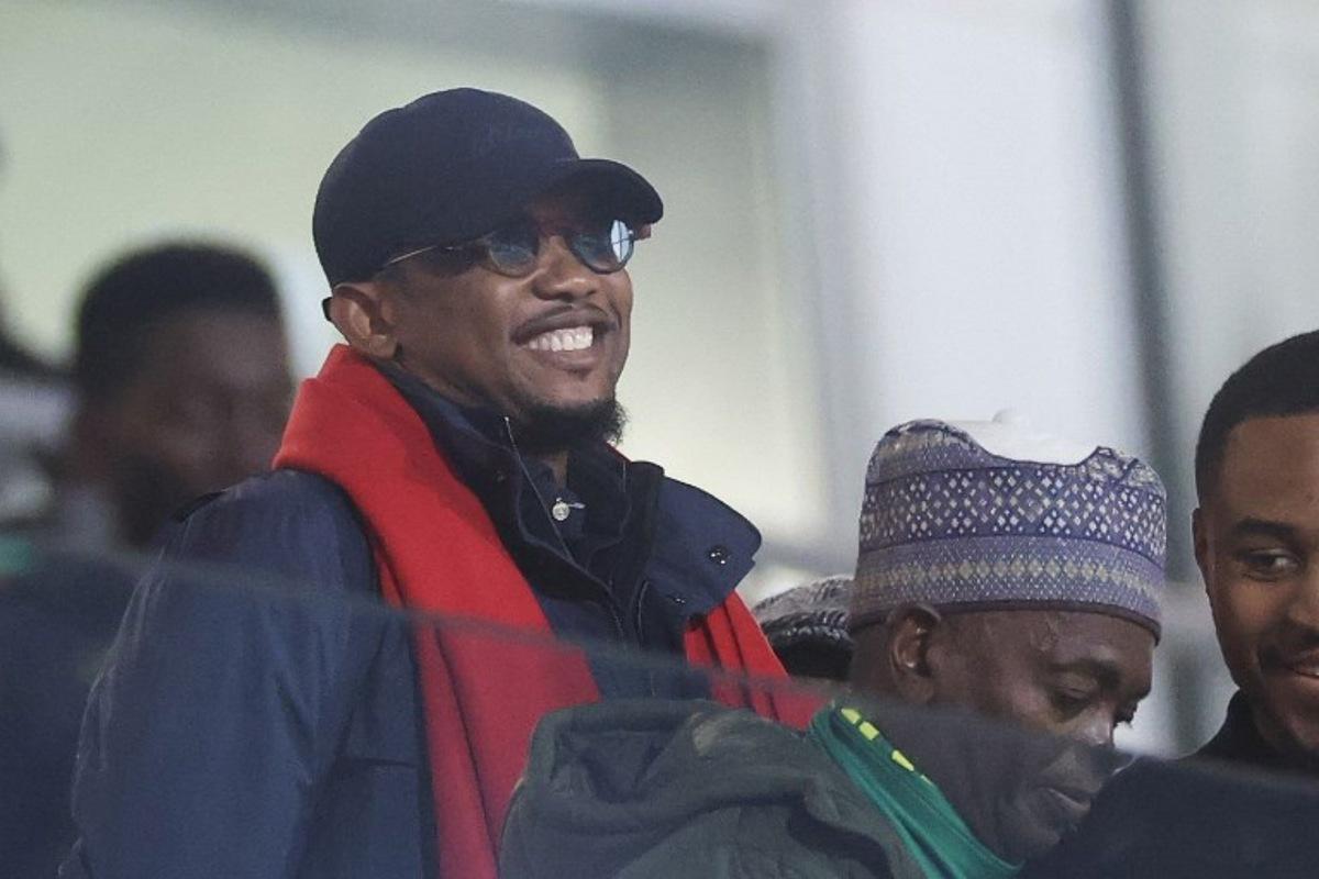 President of the Cameroonian Football Federation, Samuel Eto'o, looks on from the stands before the Africa Cup of Nations (CAN) Group F football match between Mozambique and Cameroon at the Grand Stadium in Agadir on December 31, 2025.   FRANCK FIFE / AFP