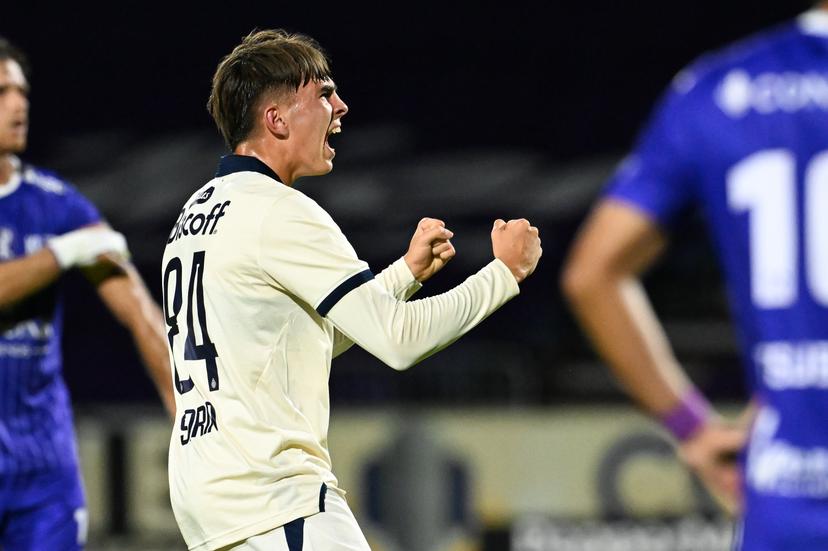 Club's Matteo Soria celebrates after scoring during a soccer match between Patro Eisden and Club NXT, Saturday 29 August 2026 in Maasmechelen, on day 3 of the 2026-2027 'Challenger Pro League' second highest division of the Belgian championship. BELGA PHOTO JILL DELSAUX