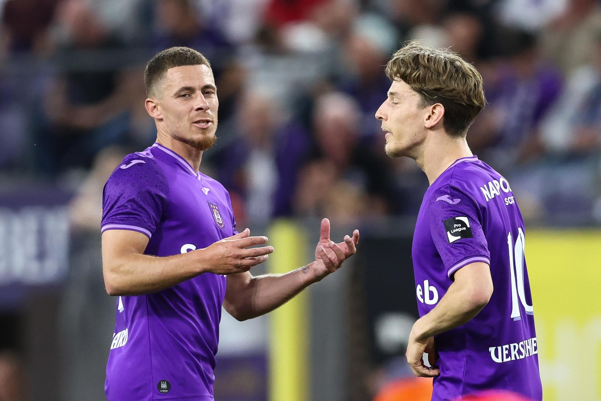 Anderlecht's Thorgan Hazard and Anderlecht's Yari Verschaeren pictured during a soccer match between RSC Anderlecht and Royale Union Saint-Gilloise, Saturday 10 May 2025 in Brussels, on day 8 (out of 10) of the Champions' Play-offs of the 2024-2025 'Jupiler Pro League' first division of the Belgian championship. BELGA PHOTO BRUNO FAHY