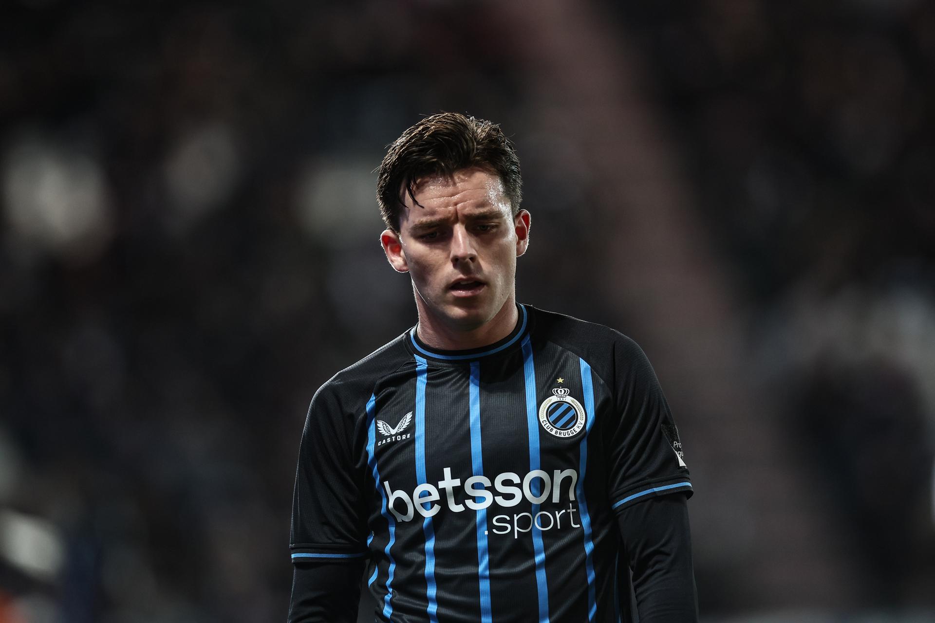 Club's Hugo Vetlesen looks dejected during a soccer game between Sporting Charleroi vs Club Brugge, in the 1/4 final of the Croky Cup Belgian cup, Tuesday 13 January 2026 in Charleroi. BELGA PHOTO BRUNO FAHY