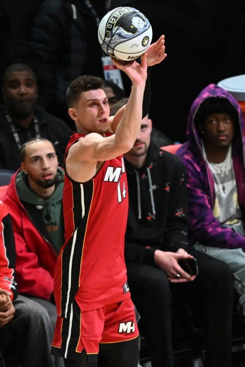 Miami Heat's Tyler Herro shoots during the Starry 3-Point Contest of the NBA All-Star week-end in Salt Lake City, Utah, February 18, 2023.   Patrick T. Fallon / AFP