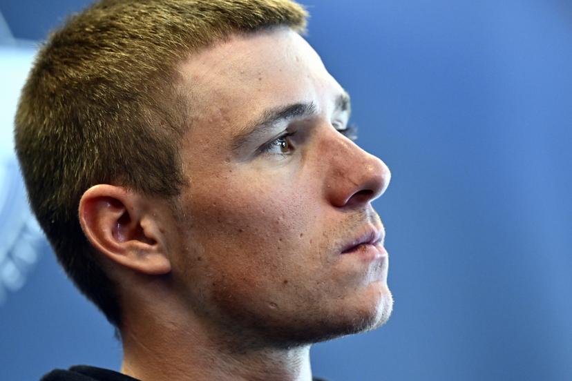 Belgian Remco Evenepoel of Soudal Quick-Step pictured during a press conference of cycling teams Soudal Quick-Step and AG Insurance Soudal, ahead of this Sunday's Liege-Bastogne-Liege one day cycling race, Friday 25 April 2025, in Chaudfontaine. BELGA PHOTO ERIC LALMAND