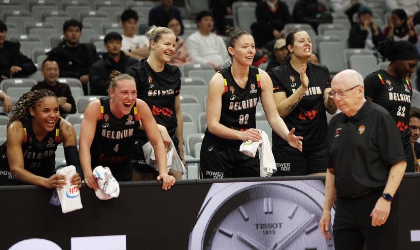 Belgium's Maxuella Lisowa Mbaka, Belgium's Elise Ramette, Belgium's Becky Massey, Belgium's Ine Joris and Belgium's Billie Massey celebrate during a basket game between Brazil and Belgium's national team Belgian Cats, in Wuhan, China, on Wednesday 11 March 2026, the first day (of 5) of the qualifications phase for the World Cup Basket tournament. BELGA PHOTO NIKOLA KRSTIC