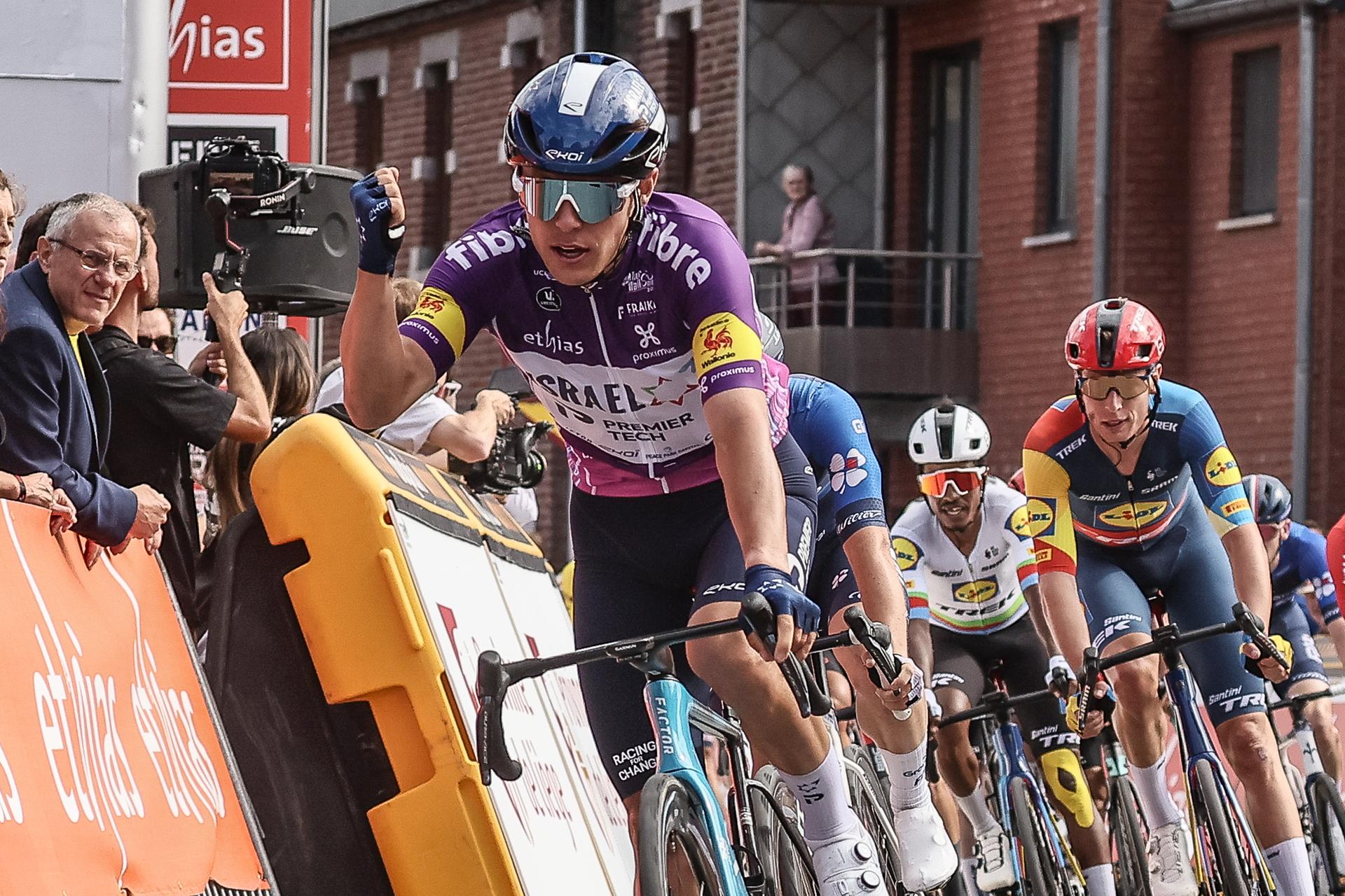 New Zealand's Corbin Strong of Israel-Premier Tech crosses the finish line of stage 2 of the Tour De Wallonie cycling race, from Saint-Ghislain to Ouffet (188,2 km), Tuesday 23 July 2024. This year's Tour de Wallonie takes place from 22 to 26 July 2023. BELGA PHOTO BRUNO FAHY