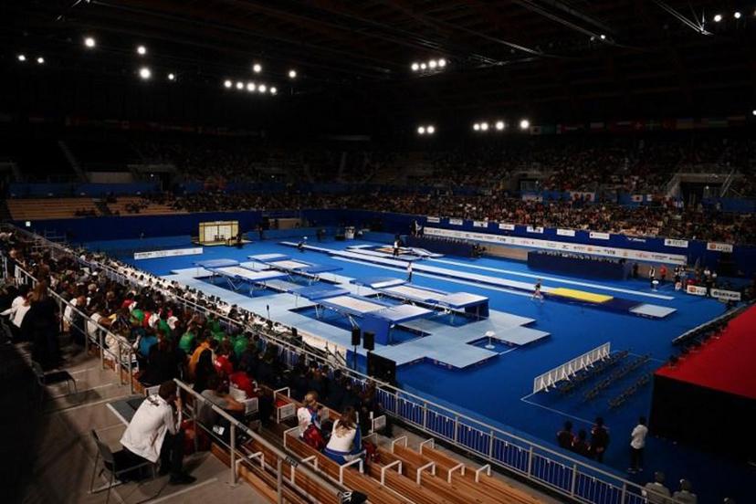 The Ariake Gymnastics Centre, a venue of the Tokyo 2020 Olympic and Paralympic Games, is seen during the World Trampoline Gymnastics Championships in Tokyo on December 1, 2019.  CHARLY TRIBALLEAU / AFP