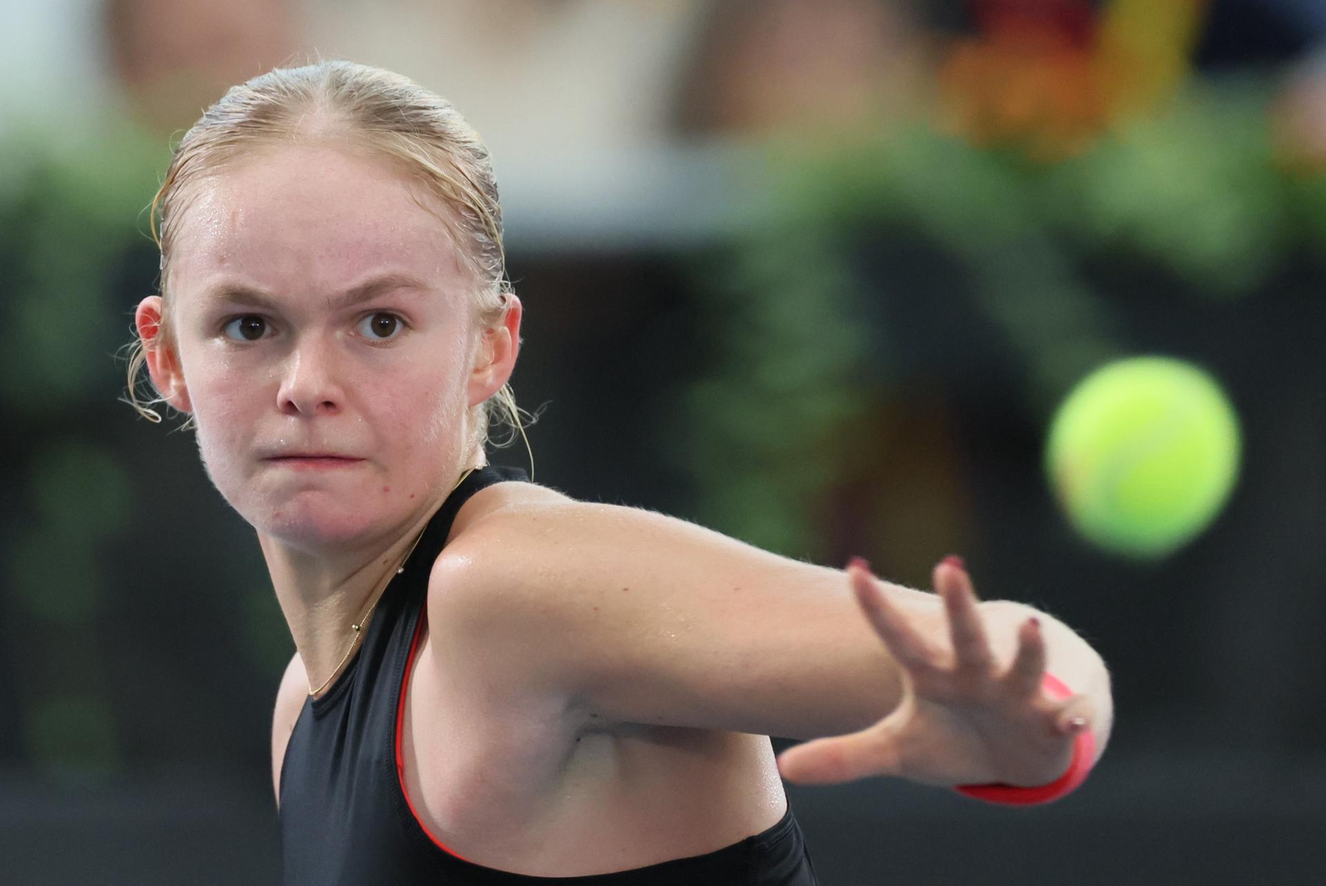 Belgian Jeline Vandromme pictured in action during the first game between Belgian Vandromme and German Friedsam in the Billie Jean King Cup Play-offs, between Belgium and Germany, on Sunday 16 November 2025 in Ismaning, Germany. PHOTO BENOIT DOPPAGNE