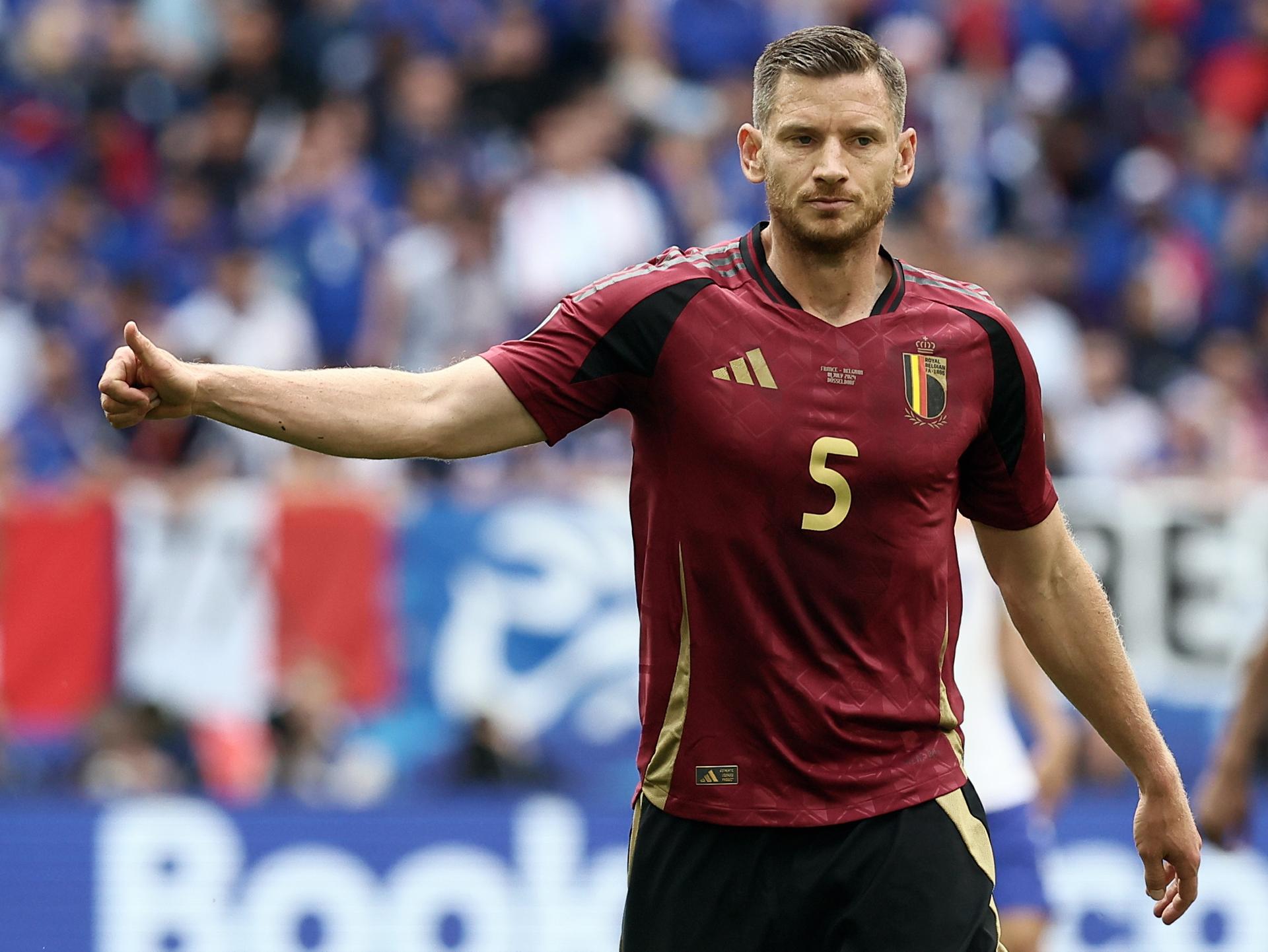 Belgium's Jan Vertonghen pictured during a soccer game between France and Belgian national soccer team Red Devils, Monday 01 July 2024 in Dusseldorf, Germany, the Round of 16 game in the UEFA Euro 2024 European championships. BELGA PHOTO BRUNO FAHY