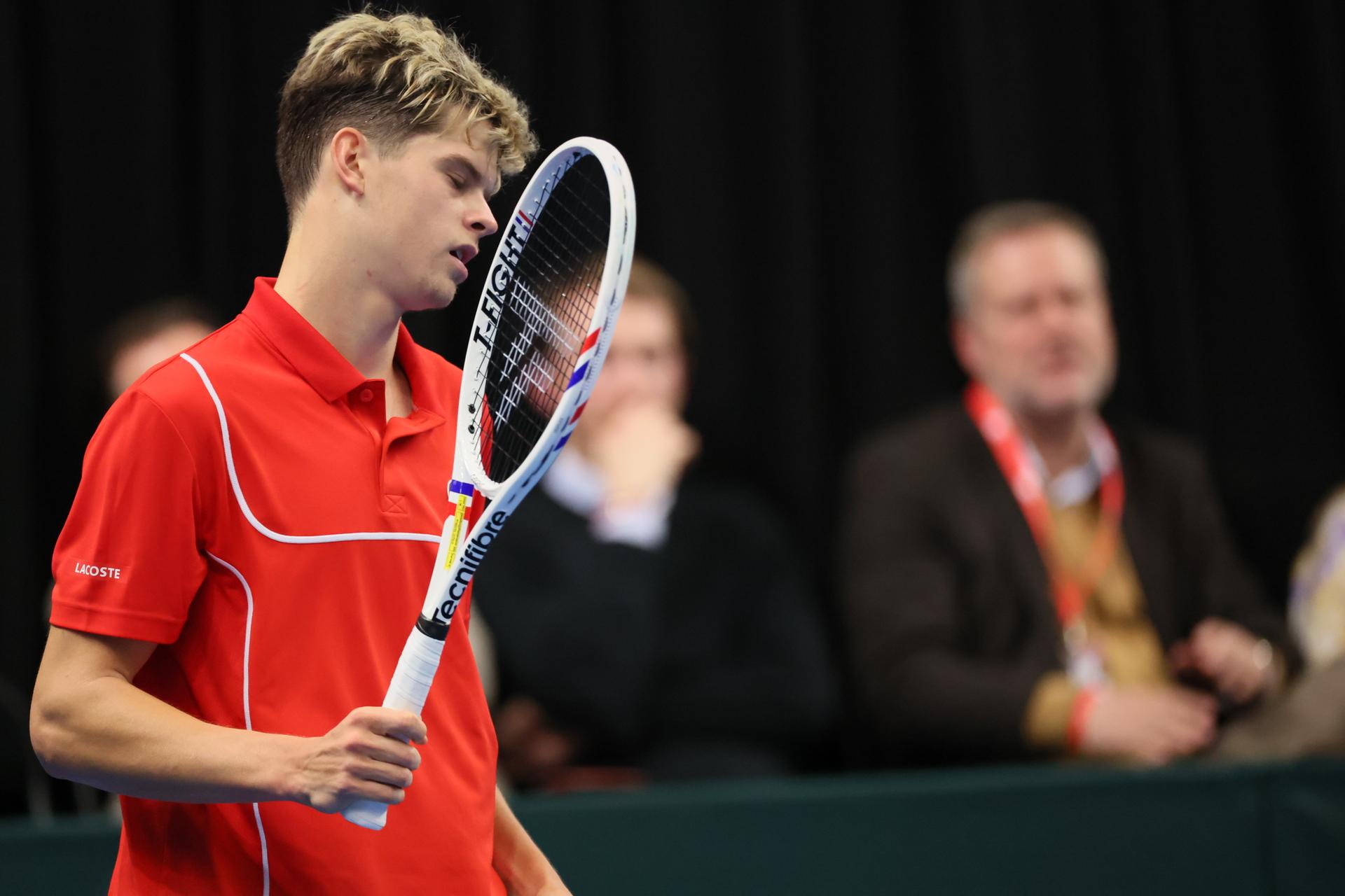 Belgian Alexander Blockx pictured during a game between Belgian Blockx and Chilean Garin, the second match in the Davis Cup qualifiers World Group tennis meeting between Belgium and Chile, Saturday 01 February 2025, in Hasselt. BELGA PHOTO BENOIT DOPPAGNE