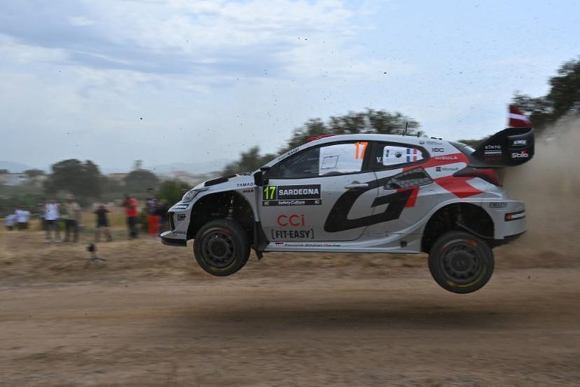 France's Sebastien Ogier and co-driver France's Vincent Landais steer their Toyota GR Yaris Rally1 Hybrid, during the shakedown in Cabu Abbas, near Olbia, in the 22nd edition of Rally of Sardegna in Italy, 6th round of the FIA World Rally Championship (WRC), on June 5, 2025.  Andreas SOLARO / AFP