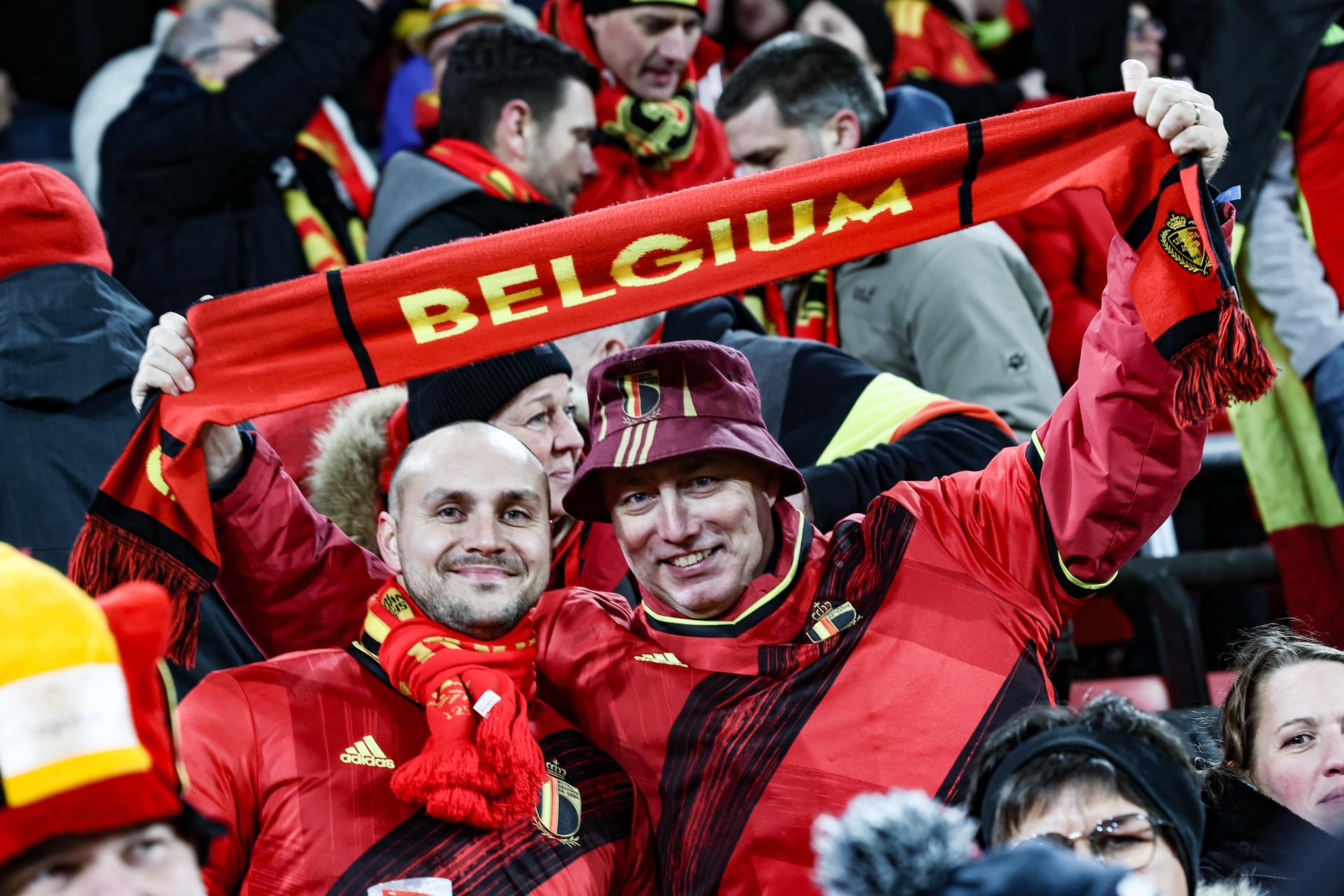 A group of Red Devils supporters pictured before a soccer game between Belgium's Red Devils and Liechtenstein, the last FIFA World Cup 2026 qualification match, in Liege on Tuesday 18 November 2025. BELGA PHOTO BRUNO FAHY