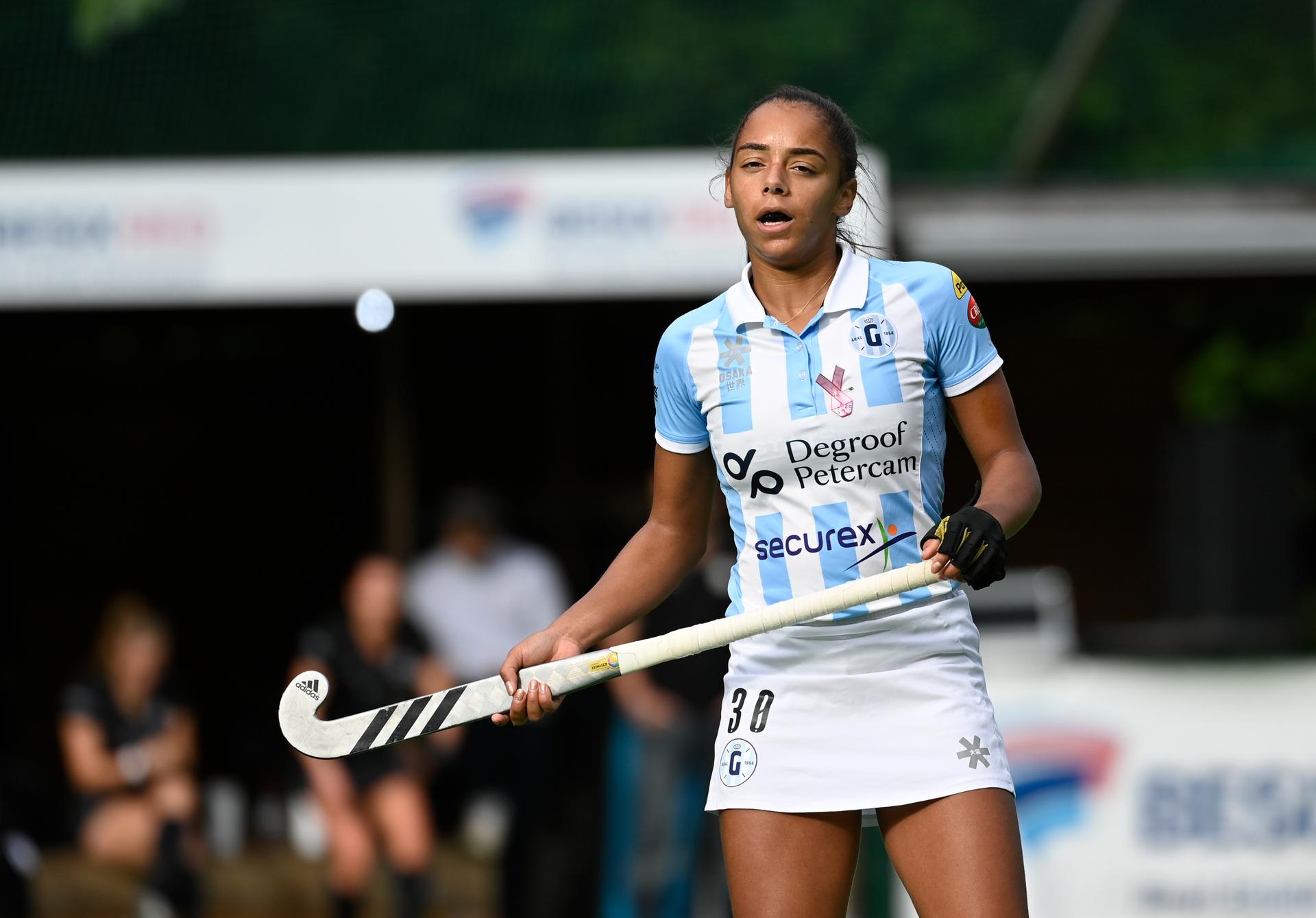 Gantoise's Ambre Ballenghien is pictured during a hockey match between Racing and Gantoise, Sunday 16 October 2022 in Ukkel-Uccle, Brussels, on day 8 of the Belgian Women's Hockey League season 2022-2023. BELGA PHOTO JOHN THYS