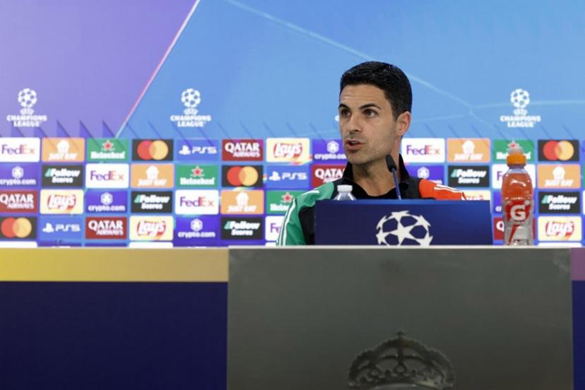 Arsenal's Spanish coach Mikel Arteta holds a press conference at Santiago Bernabeu Stadium in Madrid on April 15, 2025, on the eve of the UEFA Champions League quarter final second leg football match between Real Madrid CF and Arsenal.  Oscar DEL POZO CAÑAS / AFP