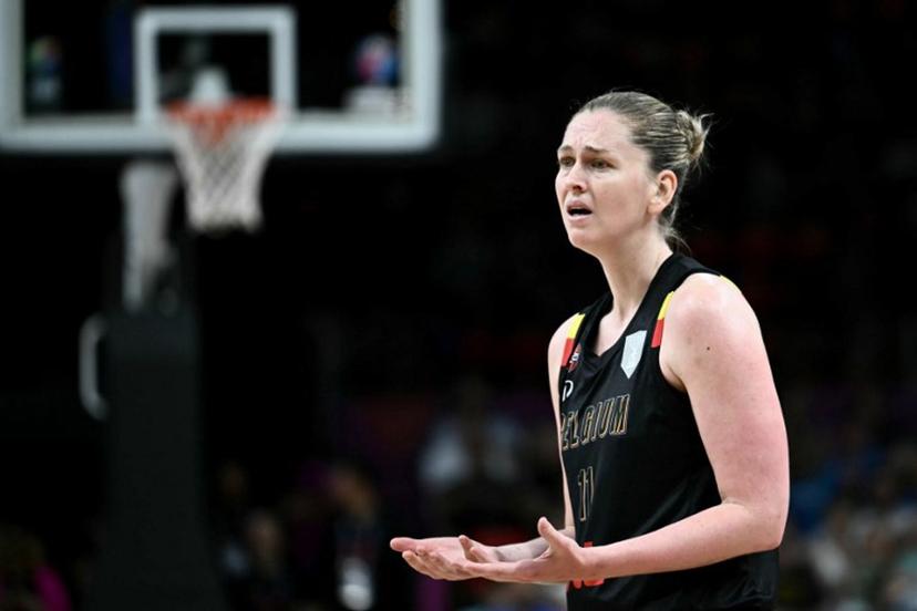 Belgium's power forward Emma Meesseman reacts on the floor during the FIBA Women's EuroBasket 2025 final match between Spain and Belgium at the Peace and Friendship Stadium in Athens on June 29, 2025.  Aris MESSINIS / AFP