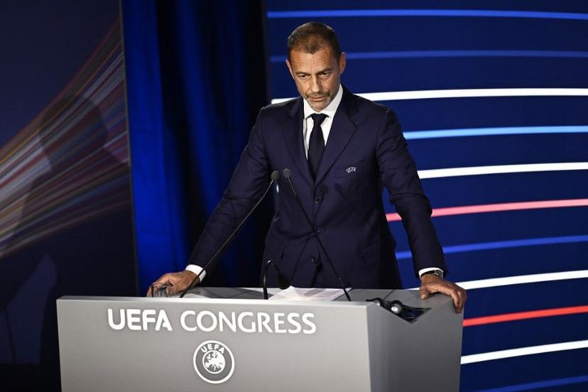 UEFA president Aleksander Ceferin delivers a speech during the 48th UEFA ordinary Congress held at the Maison de la Mutualite in Paris on February 8, 2024.  JULIEN DE ROSA / AFP