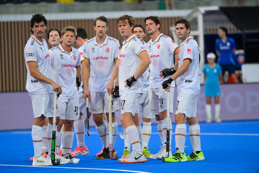 Belgium's players and look the VAR during a hockey game between Belgian national team Red Lions and The Netherlands, Saturday 27 June 2026 in Wavre, match 15/16 in the group stage of the men's FIH Pro League competition. BELGA PHOTO JOHN THYS